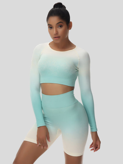 Ombre Crop Long Sleeve Top & Ombre Butt Lifting Biker Shorts