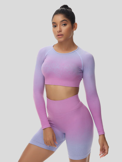 Ombre Crop Long Sleeve Top & Ombre Butt Lifting Biker Shorts