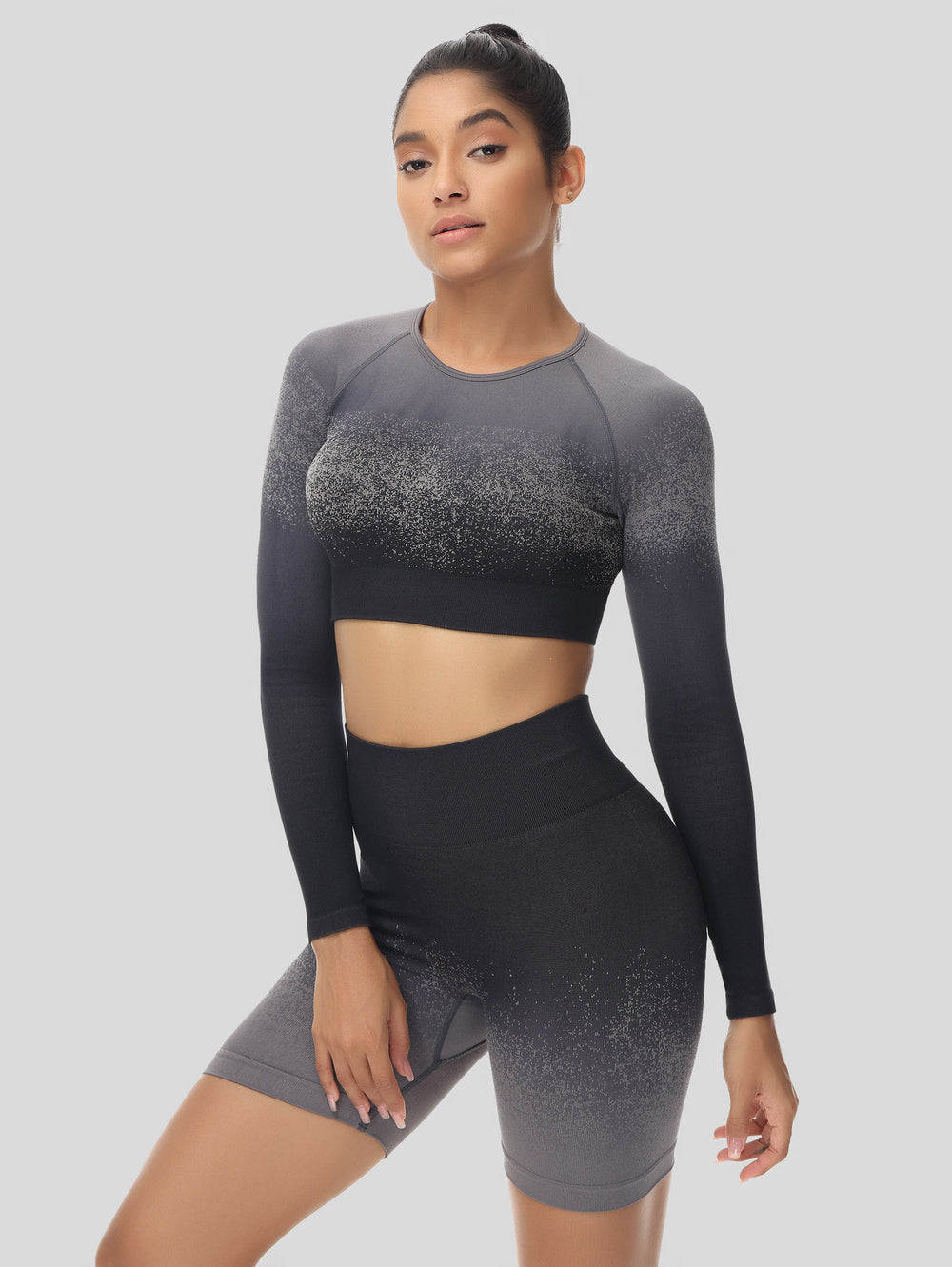 Ombre Crop Long Sleeve Top & Ombre Butt Lifting Biker Shorts